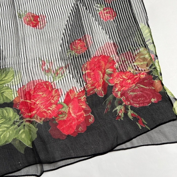 100% Silk Scarf Red Roses Black & White Stripes 21" x 70" Floral - Picture 2 of 7